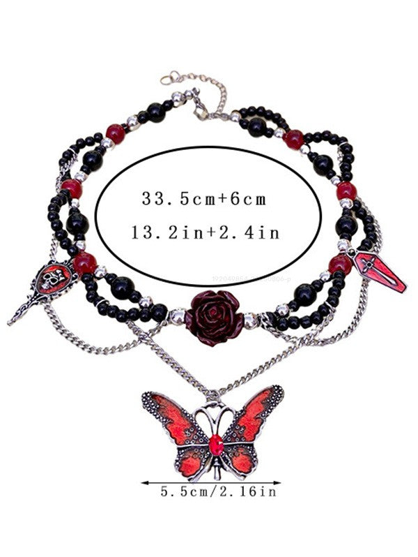 Gothic Beaded Rose Butterfly Skull Cross Chain  Necklace for Halloween