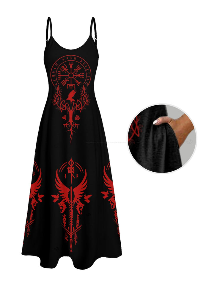 Gothic Clock Geometric Print Pocket Spaghetti Strap Long Dress