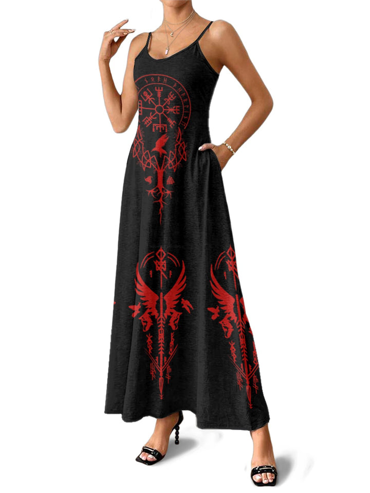 Gothic Clock Geometric Print Pocket Spaghetti Strap Long Dress