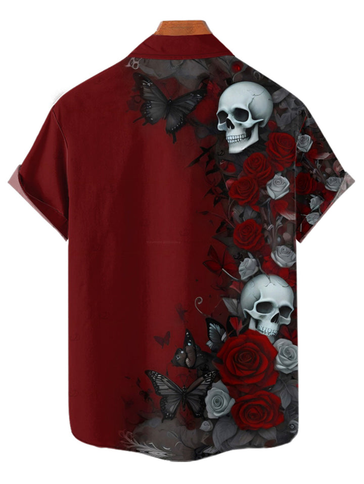 Men's Gothic Shirt Rose Skulls Butterfly Print Button Up Shirt