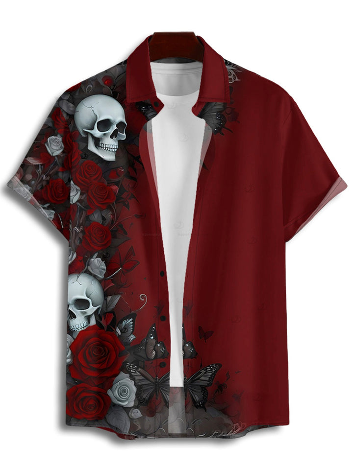 Men's Gothic Shirt Rose Skulls Butterfly Print Button Up Shirt