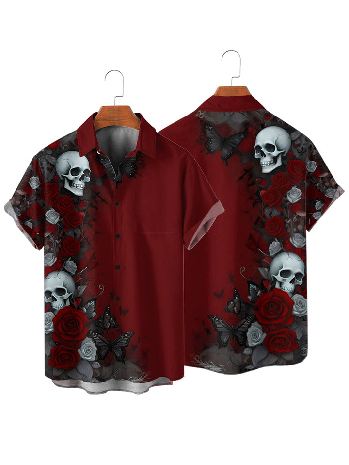 Men's Gothic Shirt Rose Skulls Butterfly Print Button Up Shirt