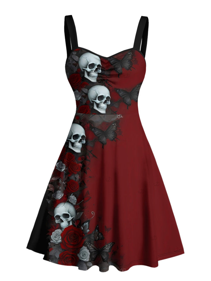 Halloween Gothic Dress Rose Skulls Butterfly Print Ruched Mini Dress