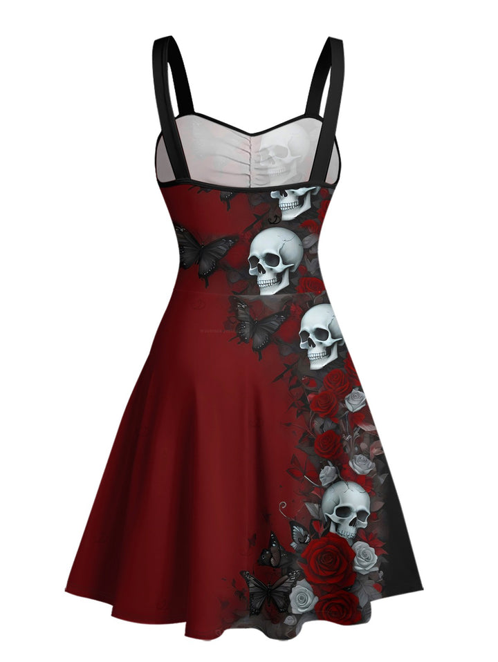 Halloween Gothic Dress Rose Skulls Butterfly Print Ruched Mini Dress