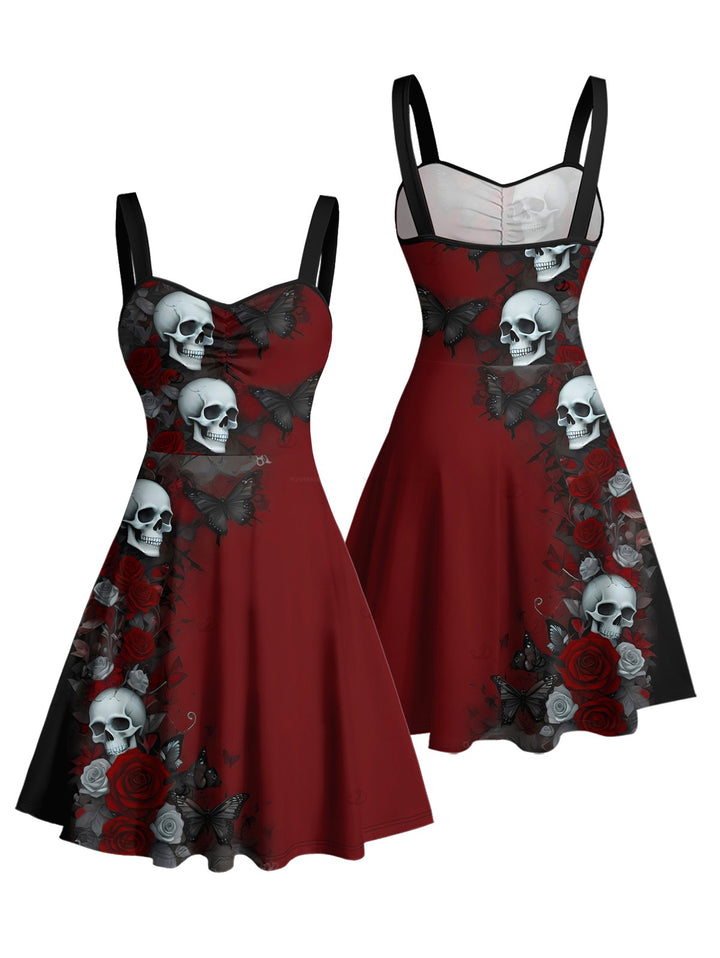 Halloween Gothic Dress Rose Skulls Butterfly Print Ruched Mini Dress