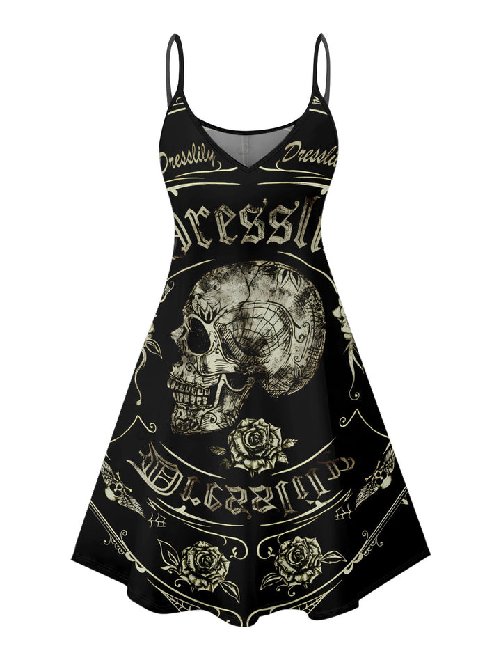 Skull Rose Letter Print Spaghetti Strap Mini Dress for Halloween