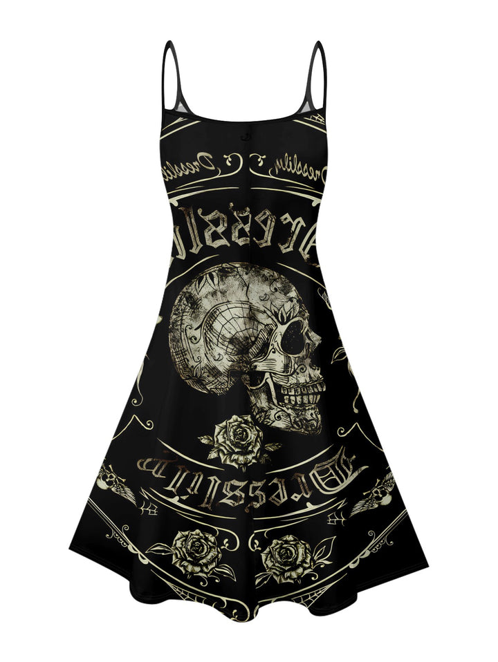 Skull Rose Letter Print Spaghetti Strap Mini Dress for Halloween