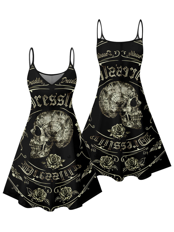 Skull Rose Letter Print Spaghetti Strap Mini Dress for Halloween