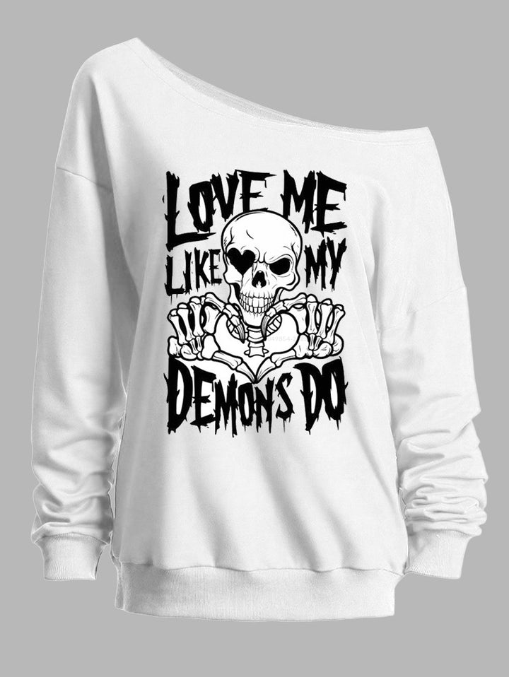 Halloween Gothic Sweatshirt Skull Letter Print Skew Neck Sweatshirt-White