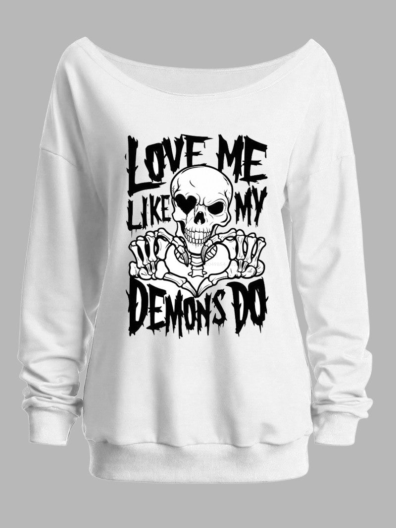 Halloween Gothic Sweatshirt Skull Letter Print Skew Neck Sweatshirt-White