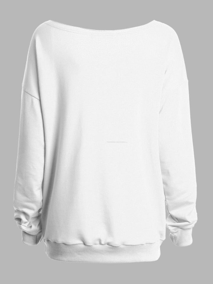 Halloween Gothic Sweatshirt Skull Letter Print Skew Neck Sweatshirt-White