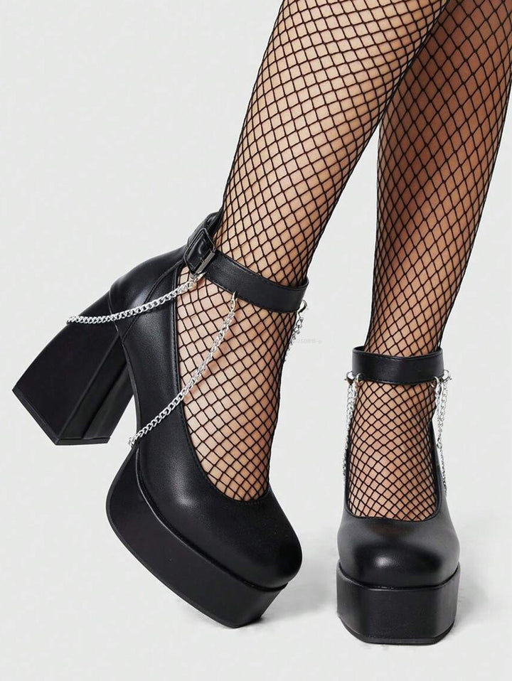 Chain Embellishment Chunky Heel Buckle Strap Sandals