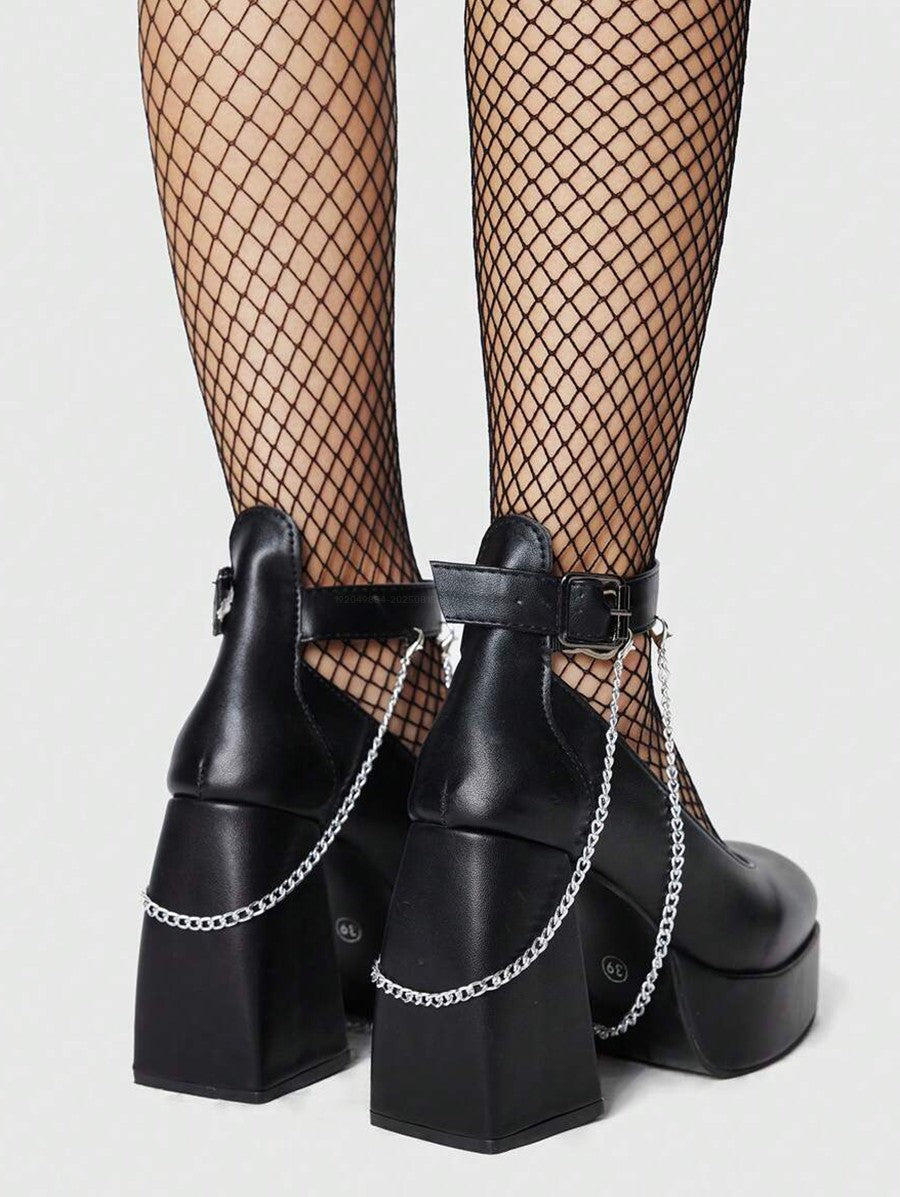 Chain Embellishment Chunky Heel Buckle Strap Sandals