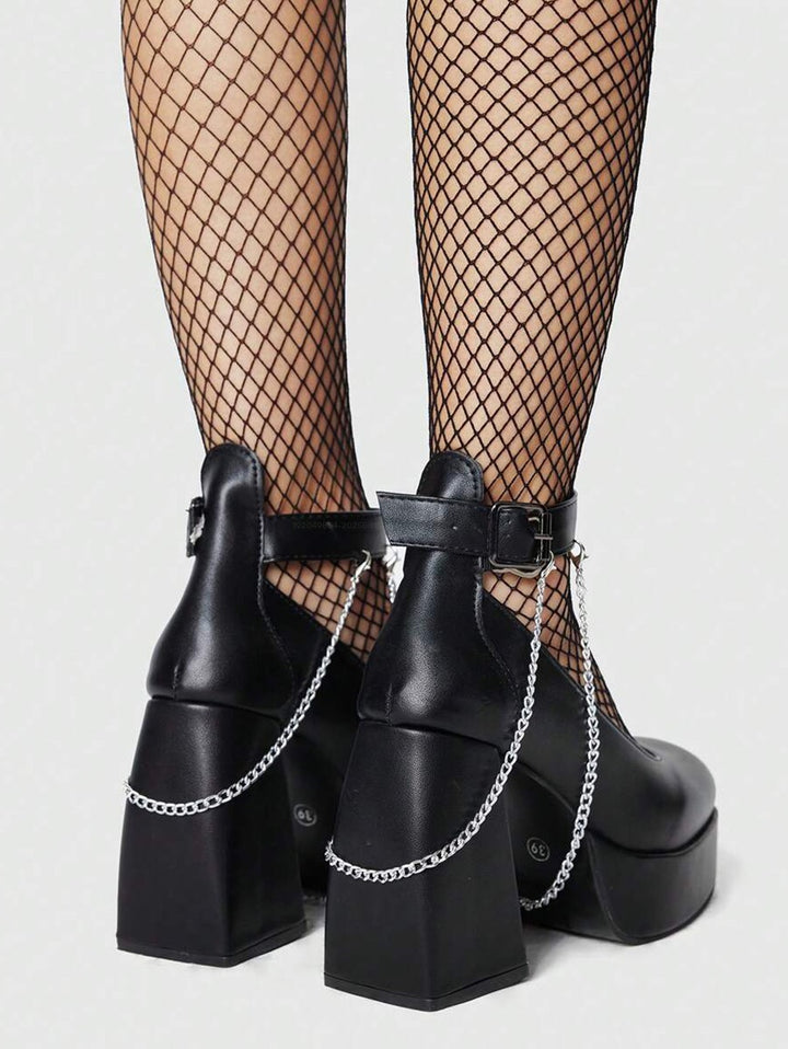 Chain Embellishment Chunky Heel Buckle Strap Sandals