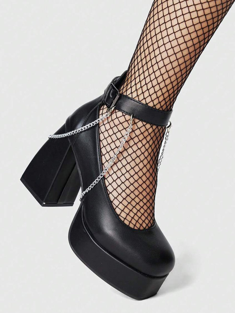 Chain Embellishment Chunky Heel Buckle Strap Sandals