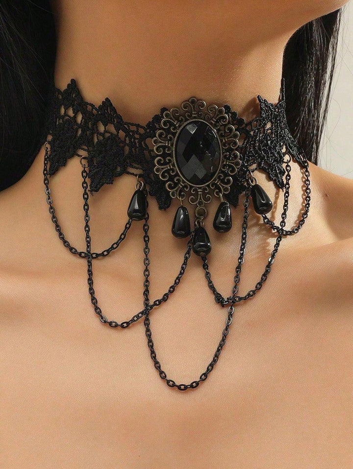 Gothic Lace Choker Artificial Gem Chain Tassel Hollow Out Punk Necklace
