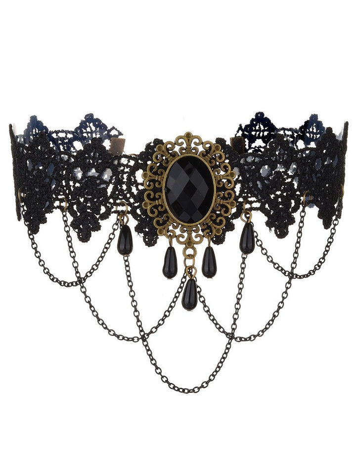 Gothic Lace Choker Artificial Gem Chain Tassel Hollow Out Punk Necklace