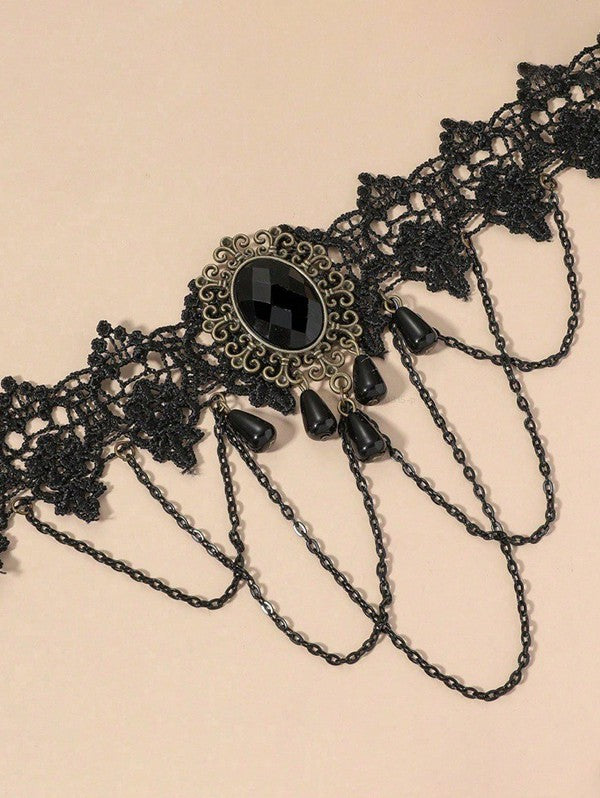 Gothic Lace Choker Artificial Gem Chain Tassel Hollow Out Punk Necklace