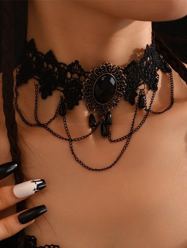 Gothic Lace Choker Artificial Gem Chain Tassel Hollow Out Punk Necklace