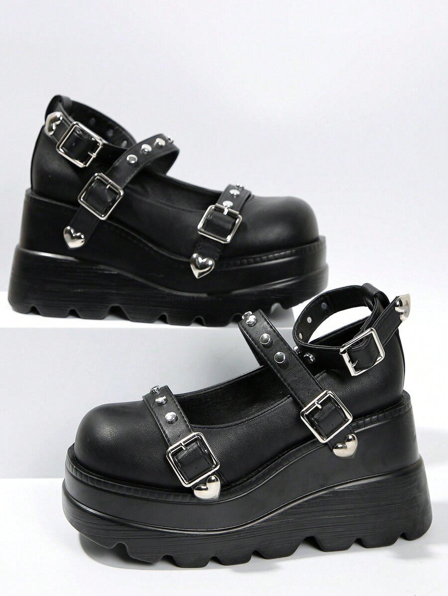 Gothic Rivet Heart Detail Buckle Strap Thick Platform Shoes