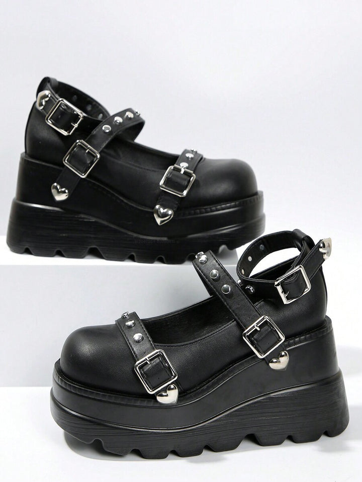 Gothic Rivet Heart Detail Buckle Strap Thick Platform Shoes