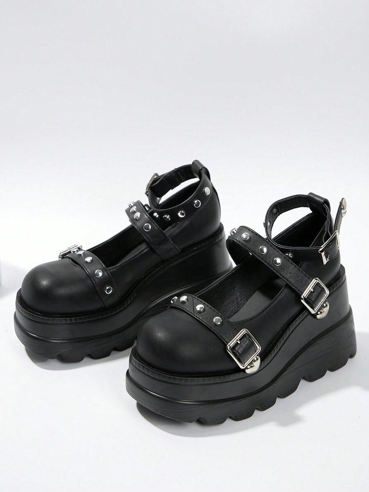 Gothic Rivet Heart Detail Buckle Strap Thick Platform Shoes