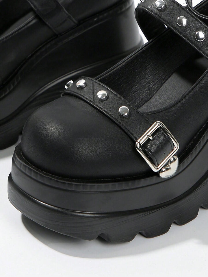 Gothic Rivet Heart Detail Buckle Strap Thick Platform Shoes