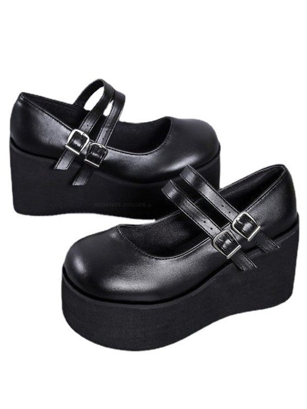 Solid Color Buckle Strap Thick Platform Round Toe Casual Shoes