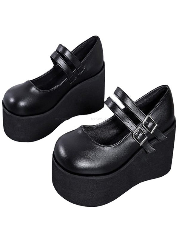 Solid Color Buckle Strap Thick Platform Round Toe Casual Shoes