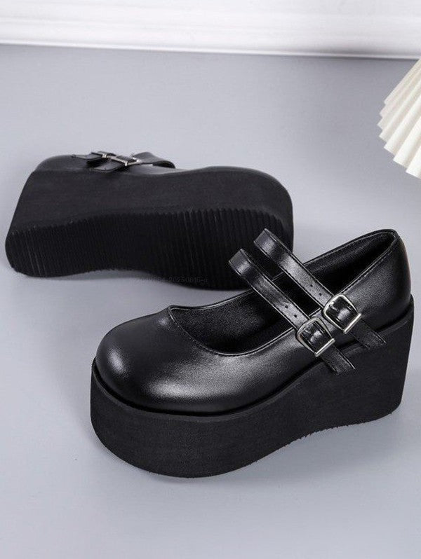 Solid Color Buckle Strap Thick Platform Round Toe Casual Shoes