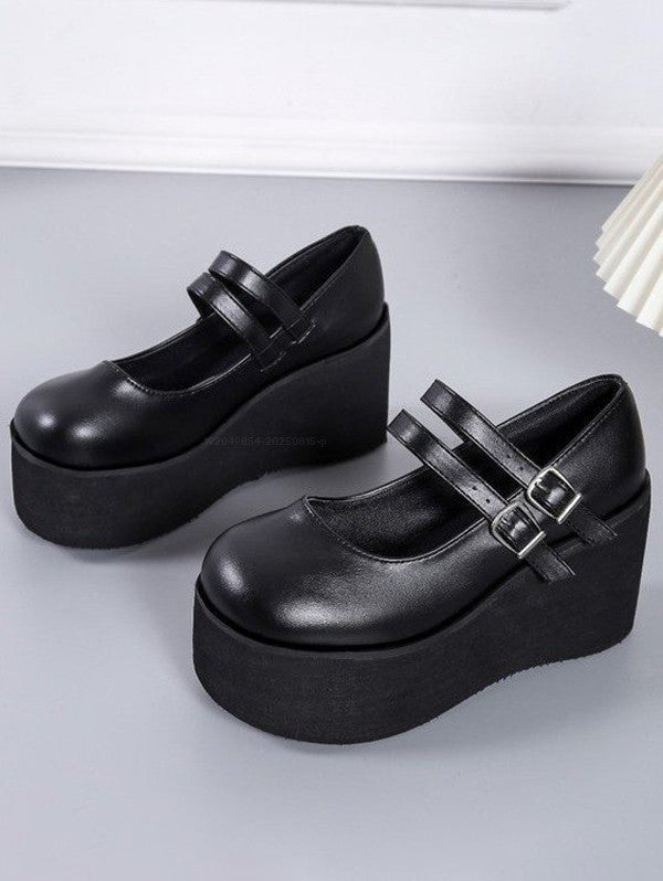Solid Color Buckle Strap Thick Platform Round Toe Casual Shoes
