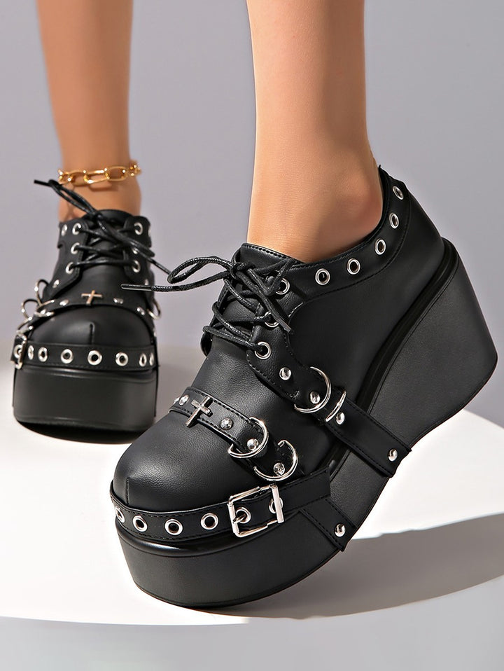 Gothic Rivet Grommet Buckle Strap Thick Platform Lace Up Shoes