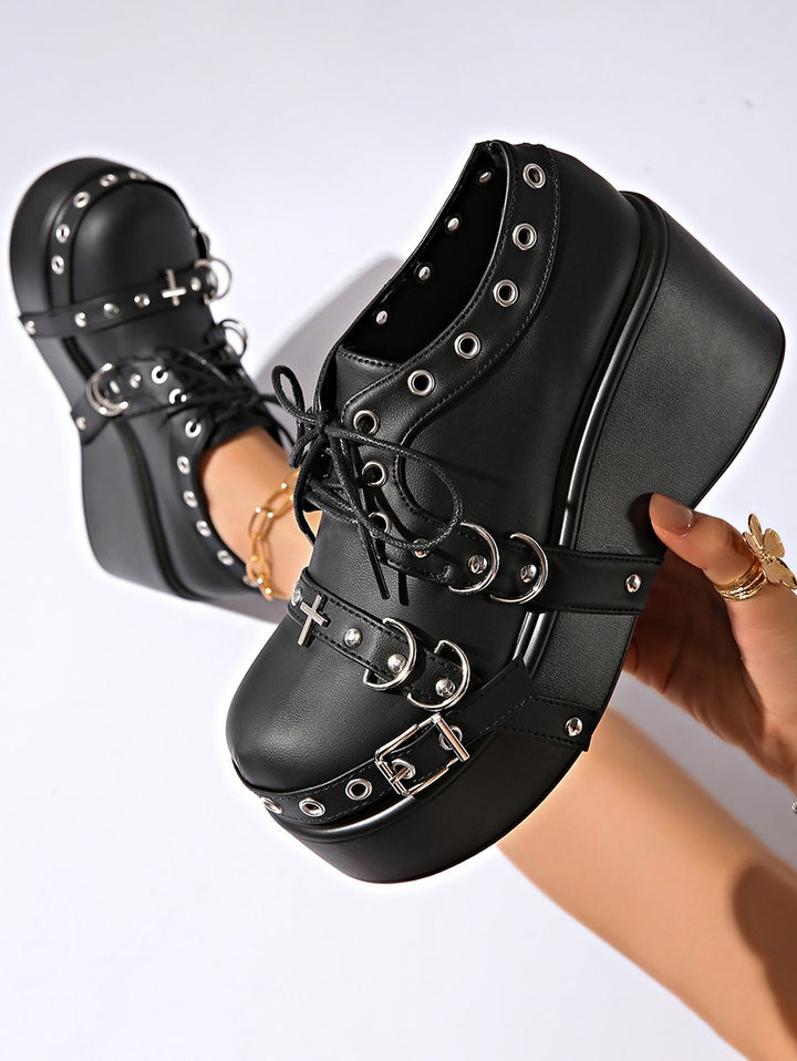 Gothic Rivet Grommet Buckle Strap Thick Platform Lace Up Shoes