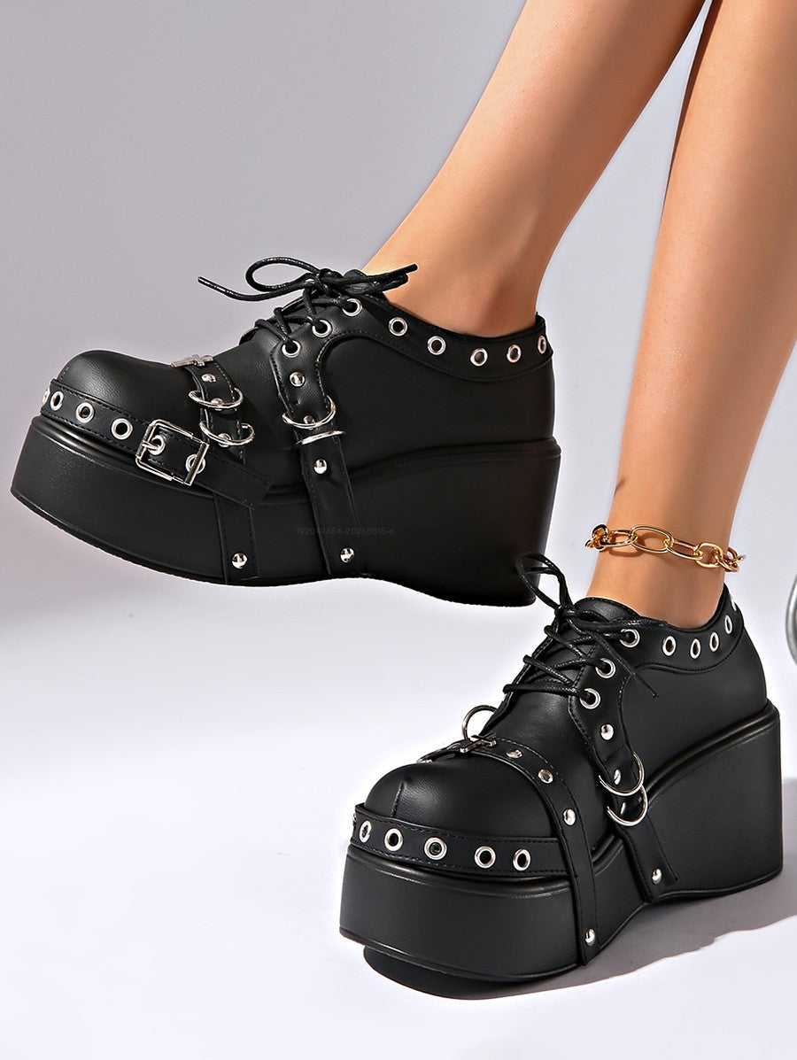 Gothic Rivet Grommet Buckle Strap Thick Platform Lace Up Shoes