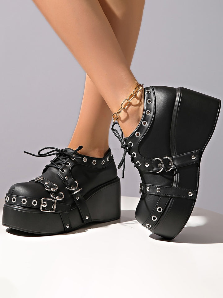 Gothic Rivet Grommet Buckle Strap Thick Platform Lace Up Shoes
