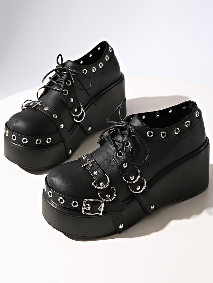 Gothic Rivet Grommet Buckle Strap Thick Platform Lace Up Shoes