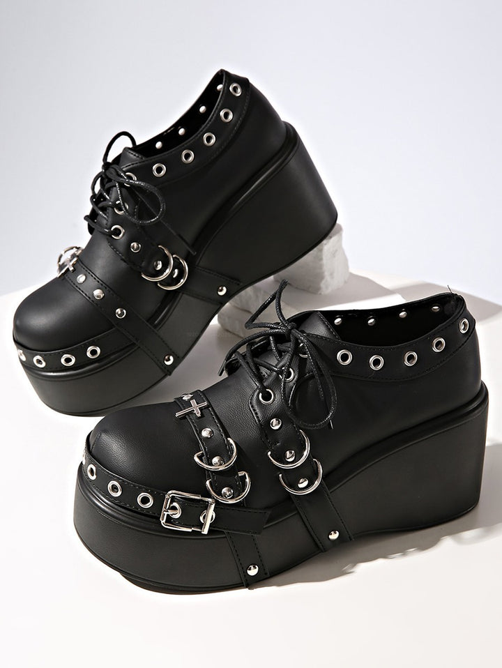 Gothic Rivet Grommet Buckle Strap Thick Platform Lace Up Shoes