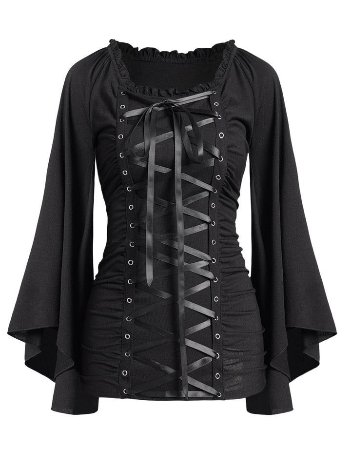 Gothic Lace Up Ruffle Flare Sleeve Trim Top