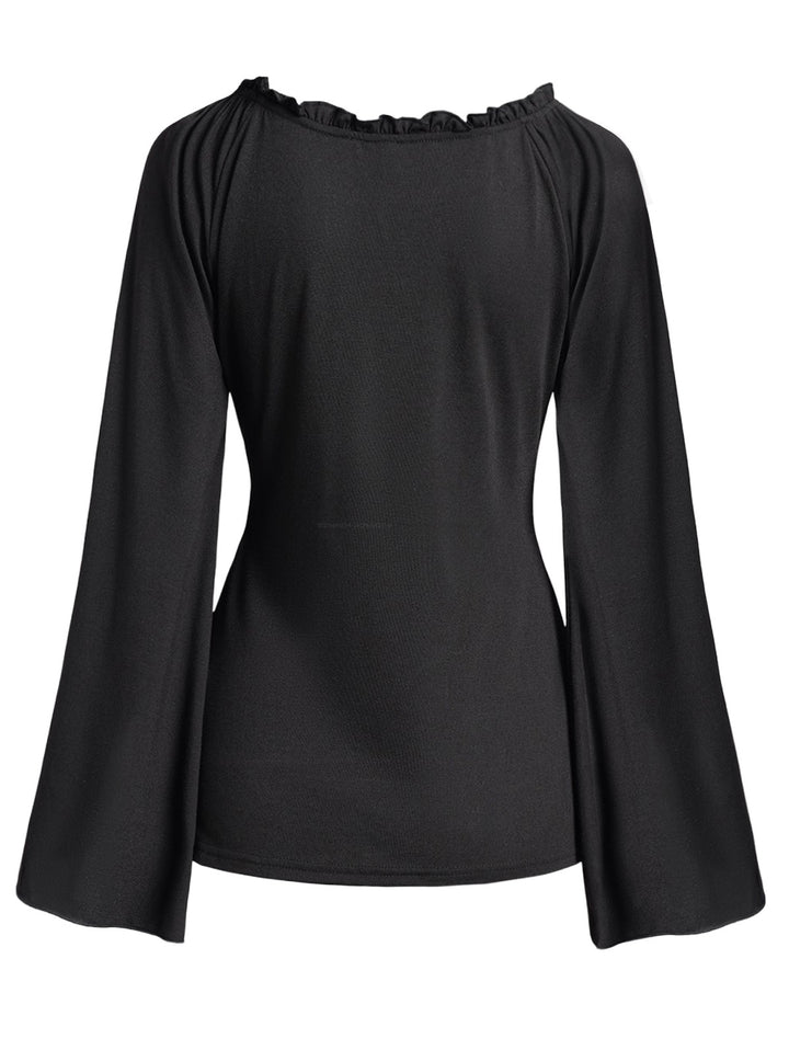 Gothic Lace Up Ruffle Flare Sleeve Trim Top