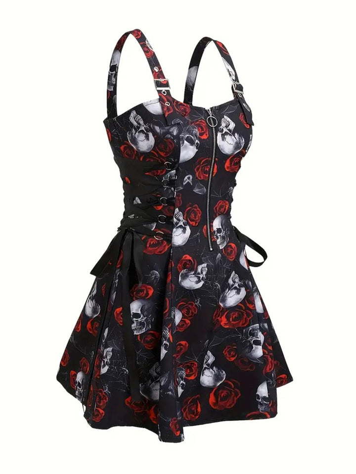 Gothic Dress for Halloween Rose Skulls Spider Web Print Lace Up Mini Dress