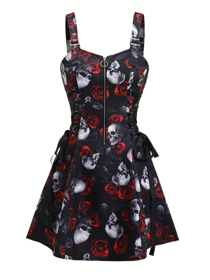 Gothic Dress for Halloween Rose Skulls Spider Web Print Lace Up Mini Dress
