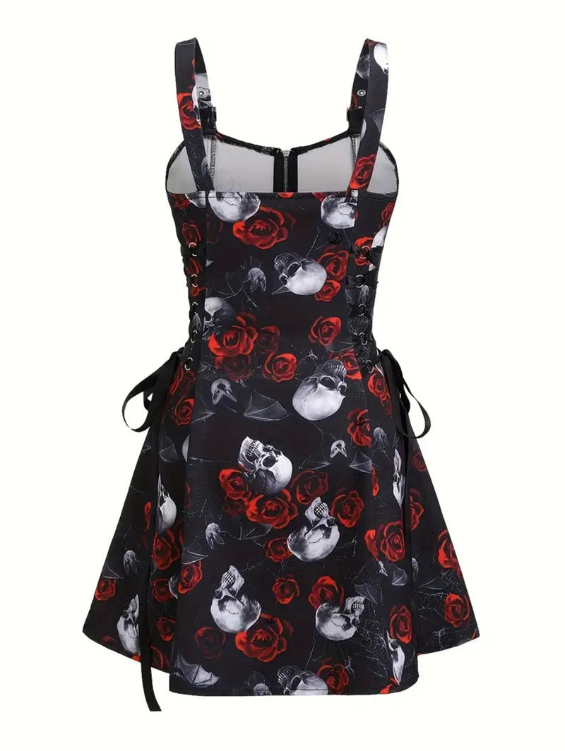 Gothic Dress for Halloween Rose Skulls Spider Web Print Lace Up Mini Dress
