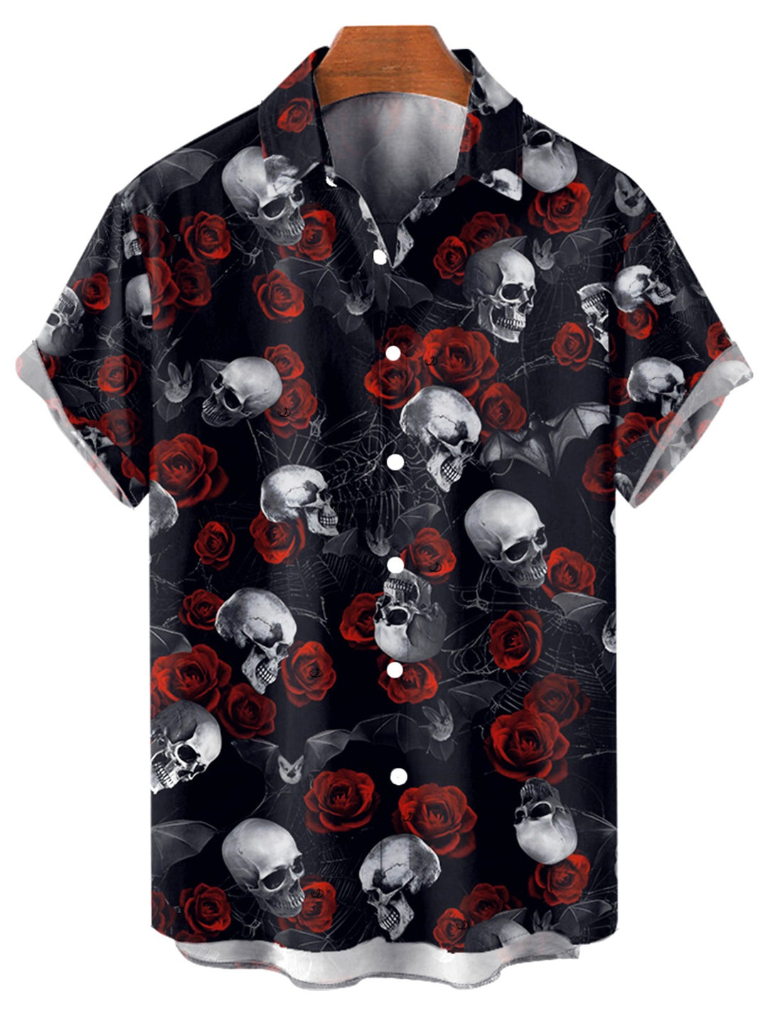 Men's Gothic Rose Skulls Bat Print Button Up Halloween Shirt