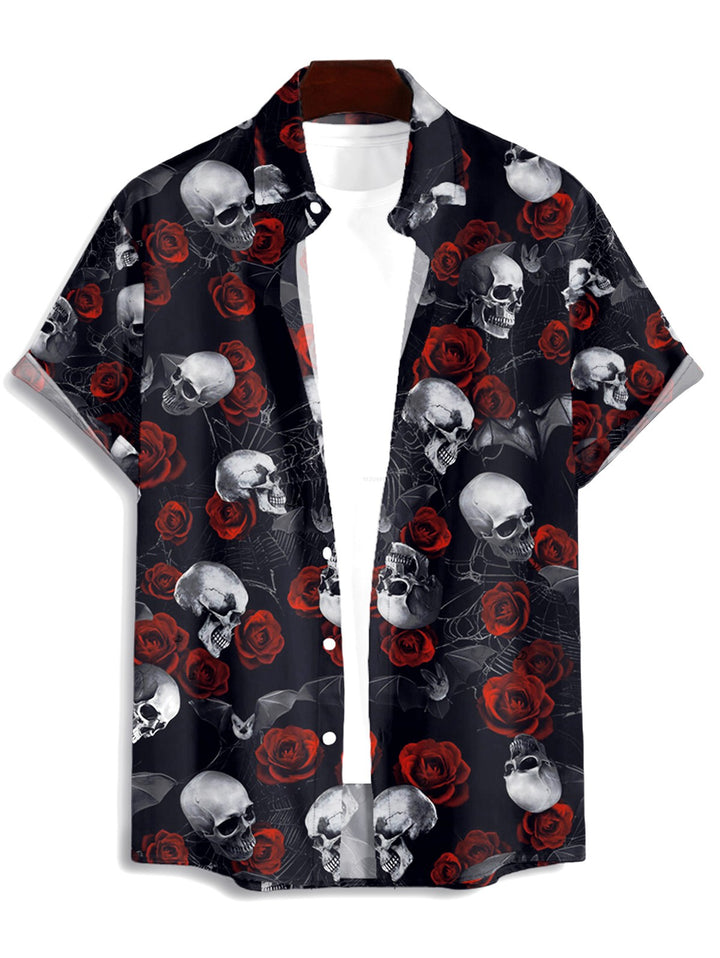 Men's Gothic Rose Skulls Bat Print Button Up Halloween Shirt