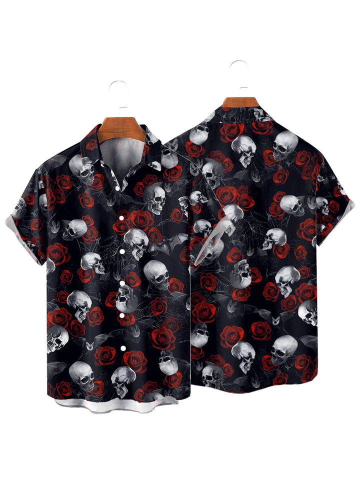Men's Gothic Rose Skulls Bat Print Button Up Halloween Shirt