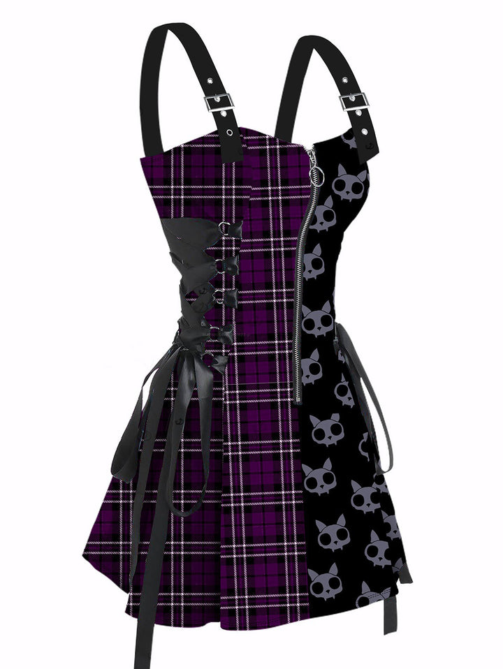 Gothic Plaid & Cat Skulls Print  Dress Lace Up Buckle Strap Mini Dress for Halloween-Purple