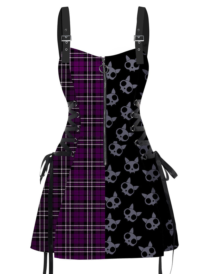 Gothic Plaid & Cat Skulls Print  Dress Lace Up Buckle Strap Mini Dress for Halloween-Purple