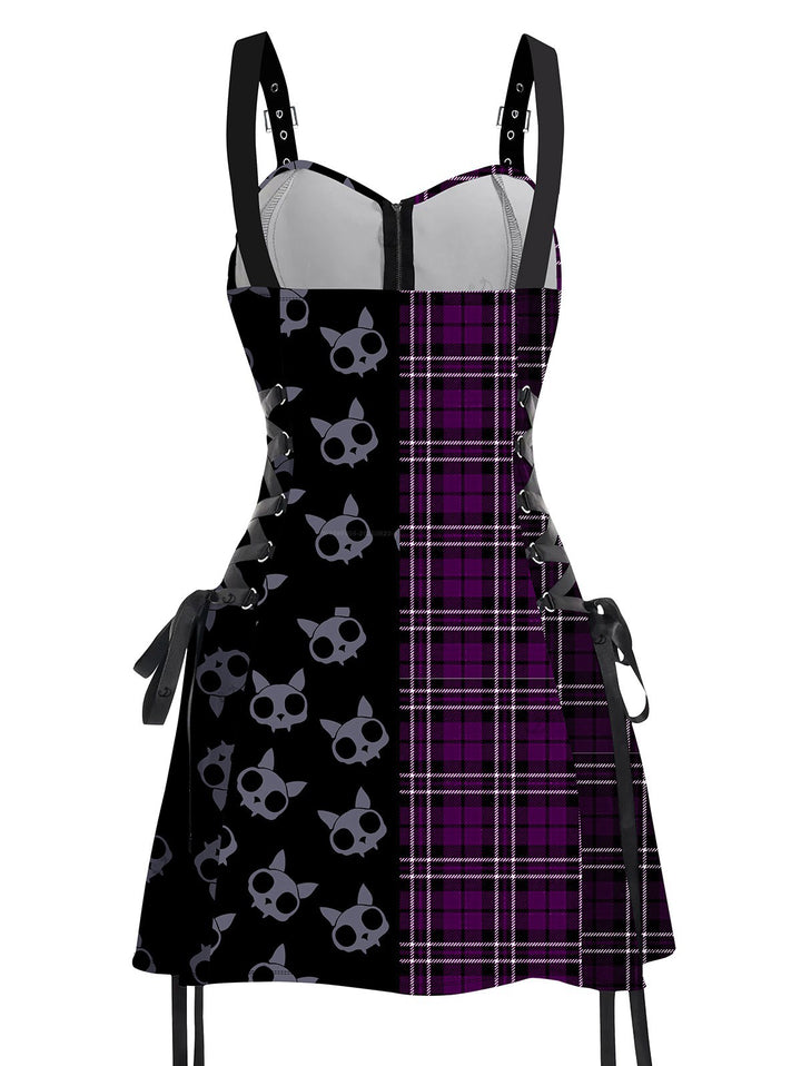 Gothic Plaid & Cat Skulls Print  Dress Lace Up Buckle Strap Mini Dress for Halloween-Purple
