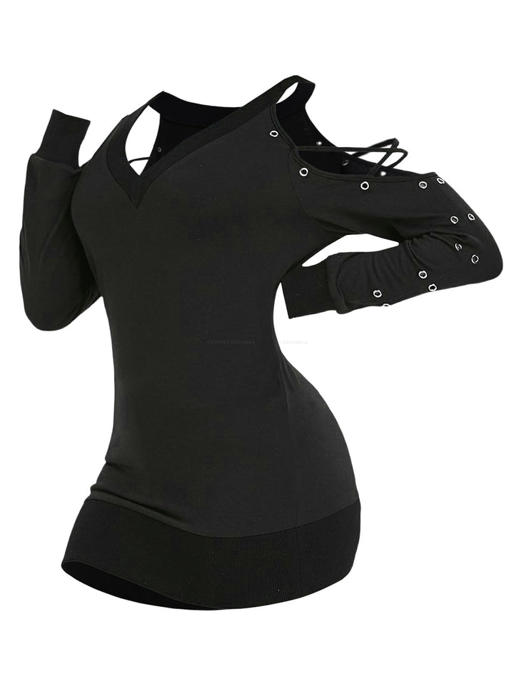 Gothic Crisscross Open Shoulder Eyelet T Shirt