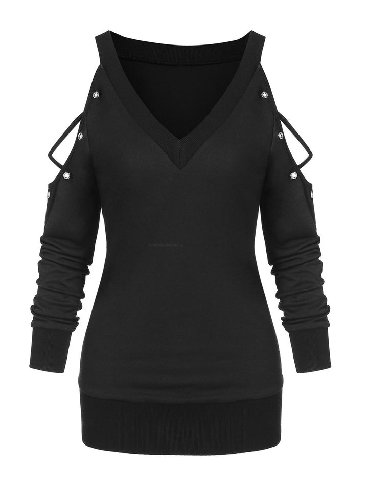 Gothic Crisscross Open Shoulder Eyelet T Shirt